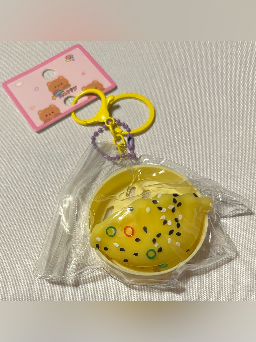 Yellow Mini Sesame Snack, Squishy Keychain/Bag charm with Ring Accent